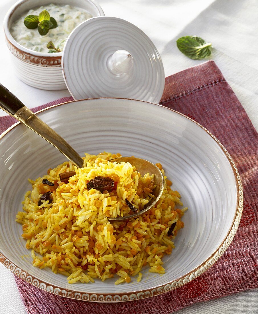 Kitchri (rice with lentils, India) and cucumber raita