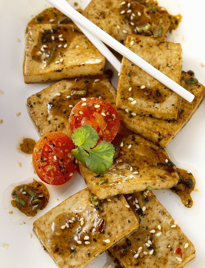 Marinated, fried tofu