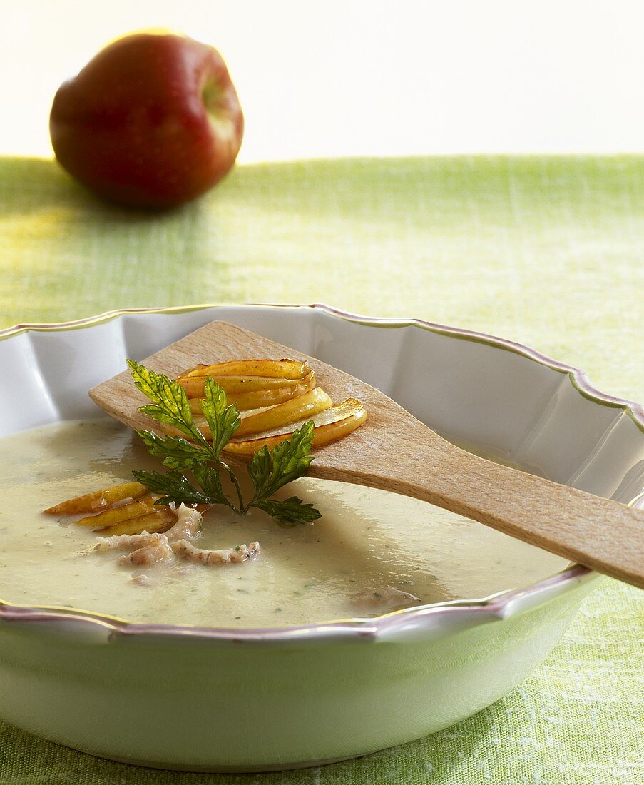 Potato and apple soup with shrimps