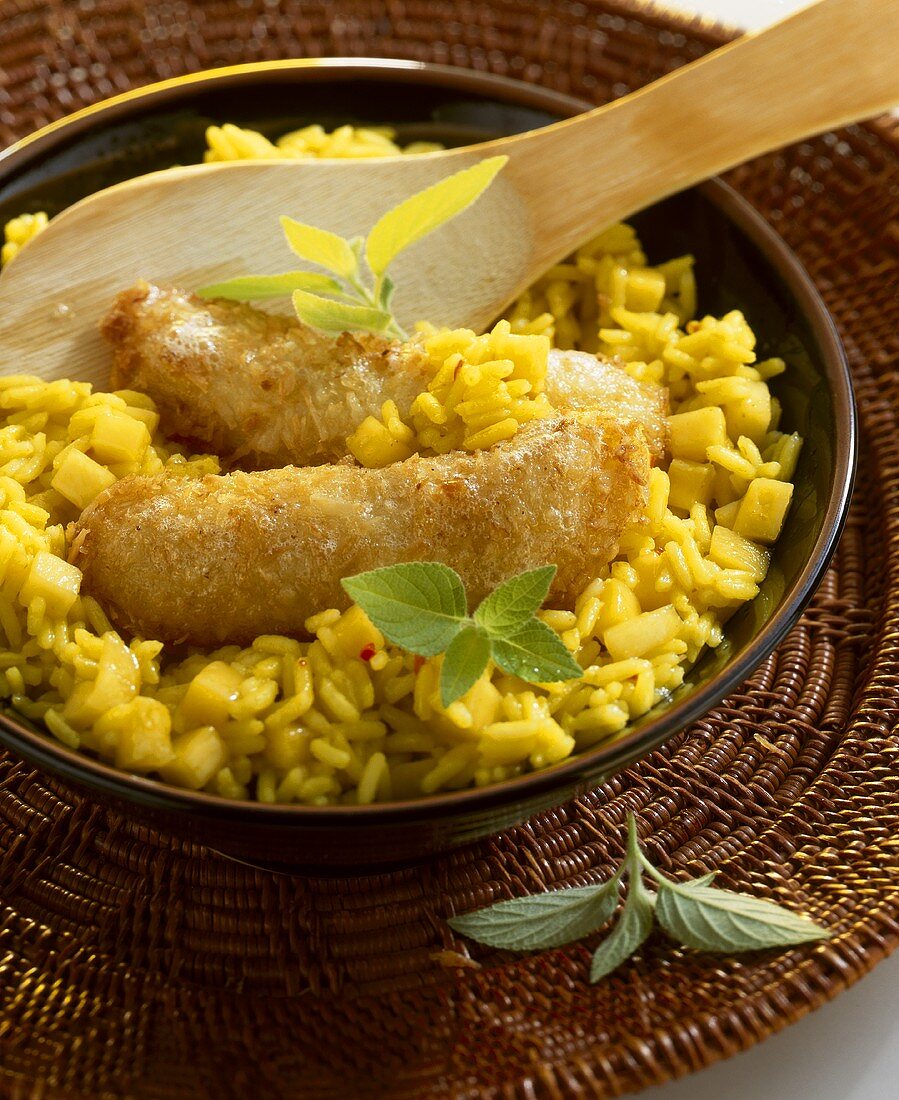 Banana coconut fritters with mango curry rice