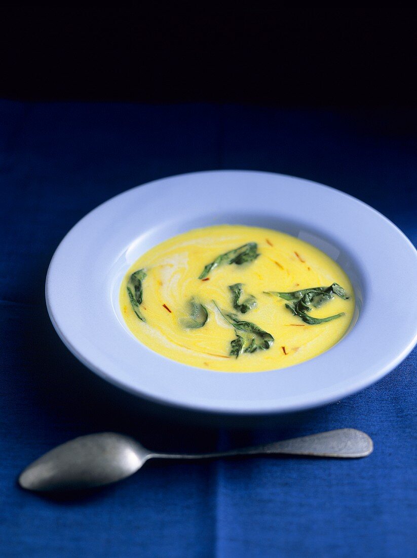 Saffron and coconut soup with spinach