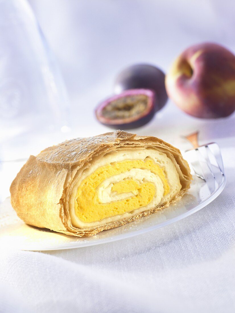 Peach and passion fruit strudel