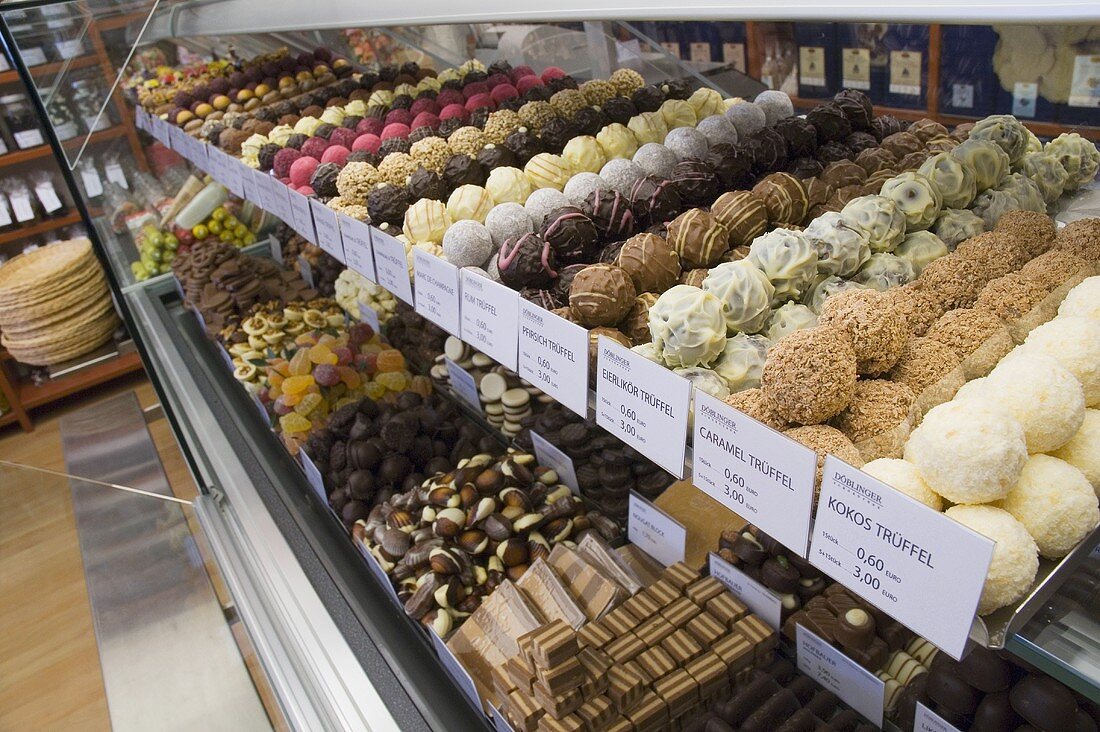 Chocolate truffles in a confectioner's display