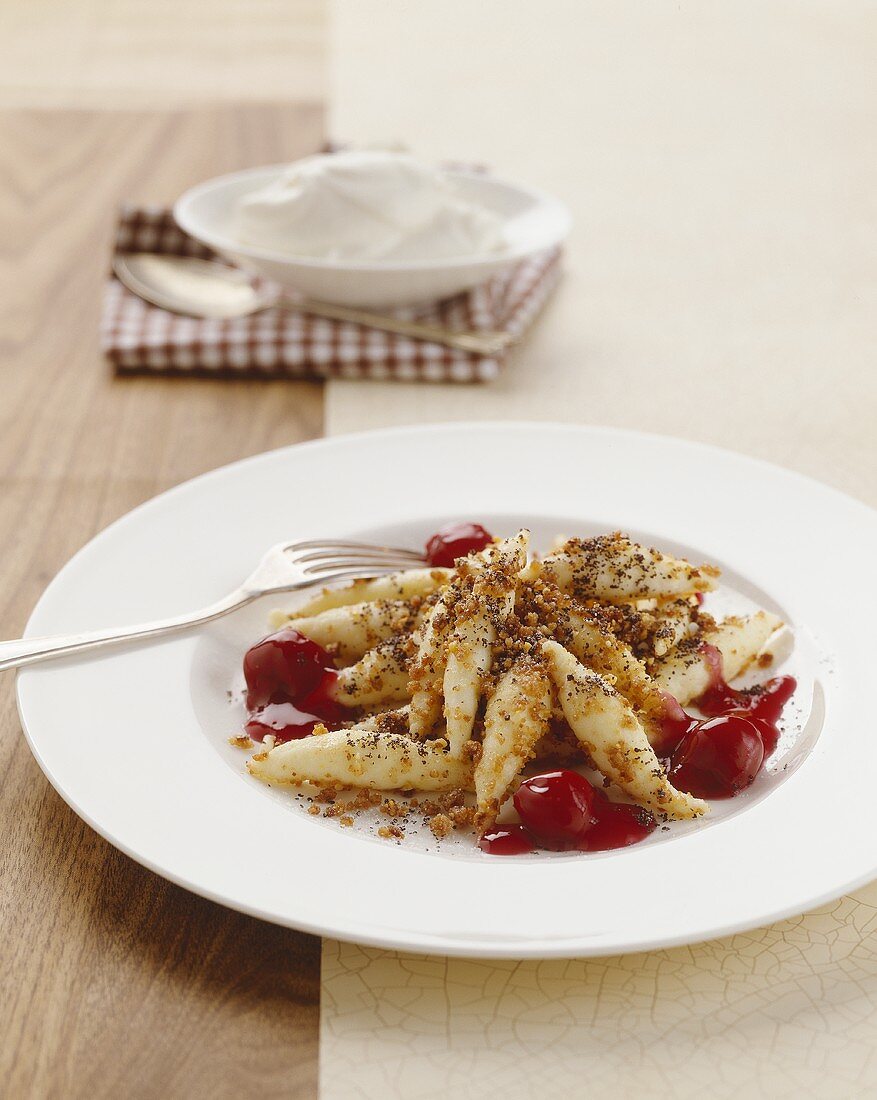 Mohnnudeln (poppy seed noodles) with buttered breadcrumbs & cherries
