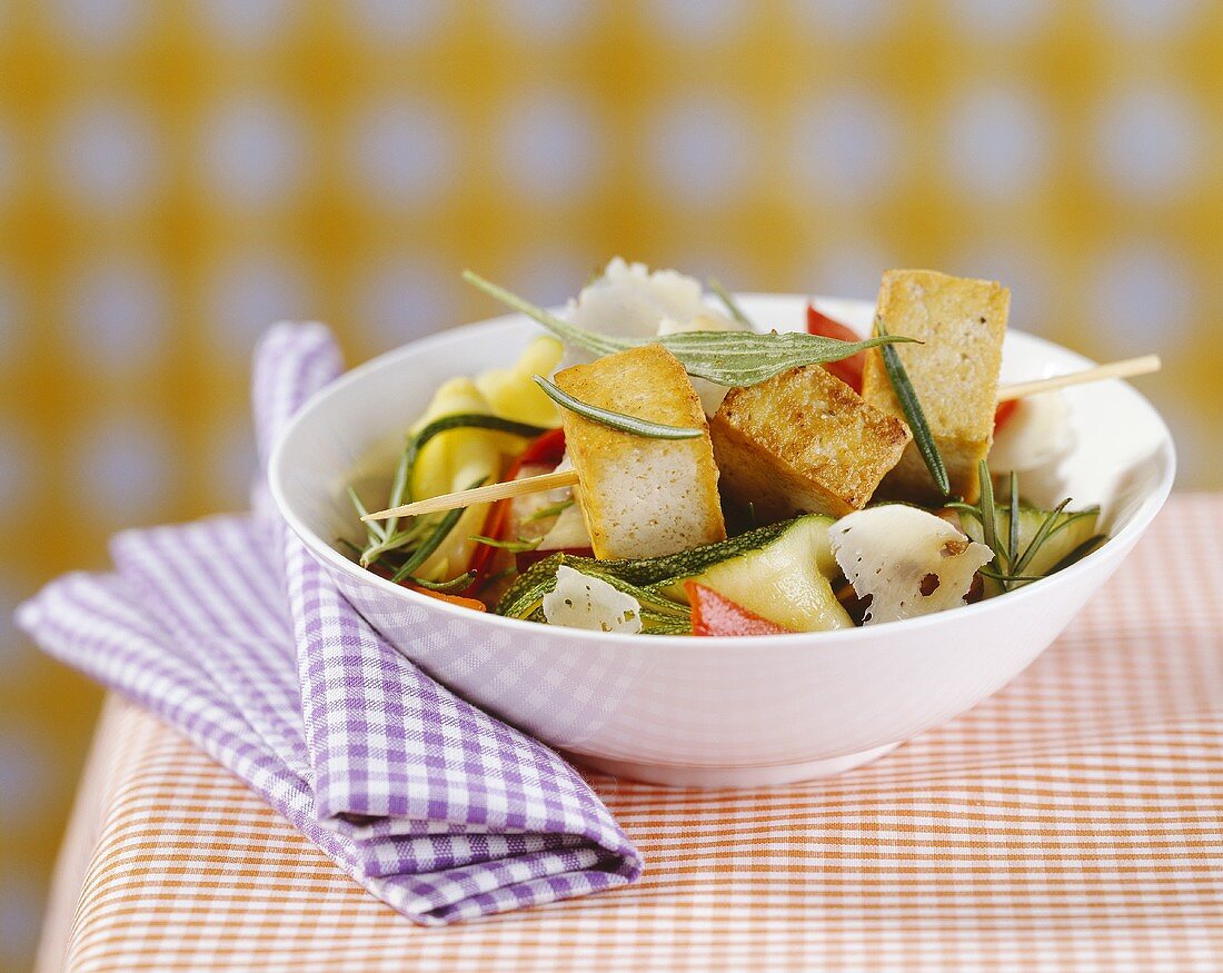 Marinated vegetables with fried tofu and Parmesan