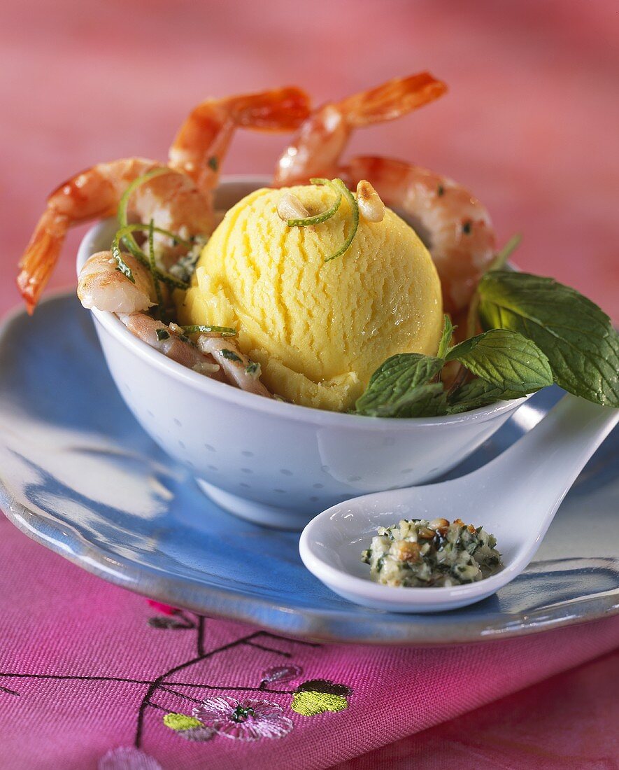 Fruit sorbet with prawns and mint pesto
