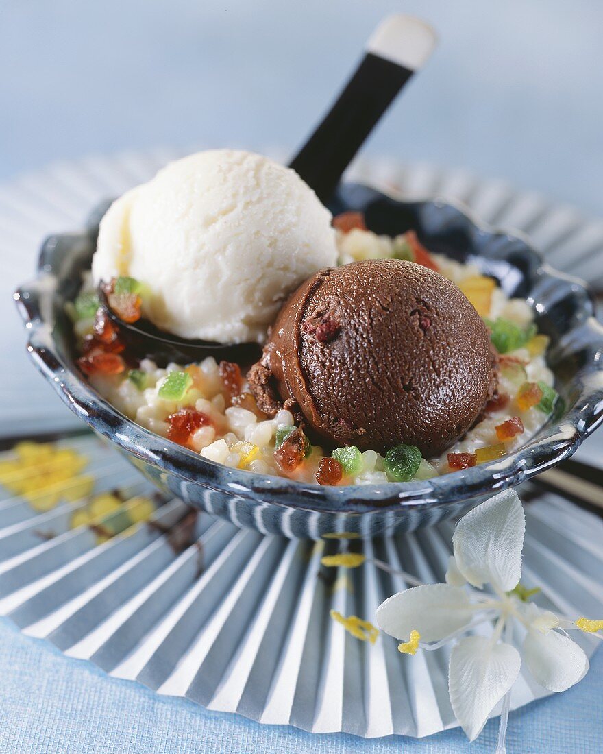 Chocolate & banana ice cream on rice with candied fruit