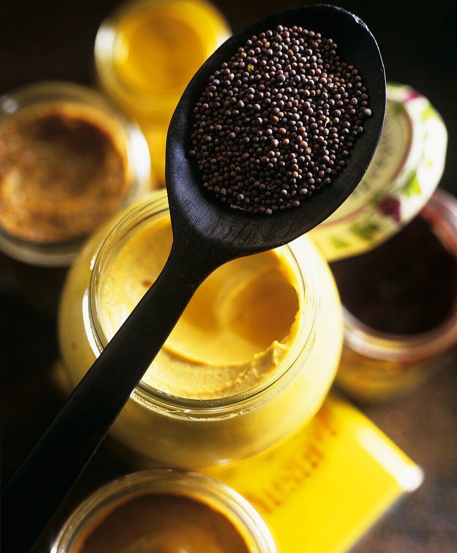 Mustard in jar and mustard seeds on spoon