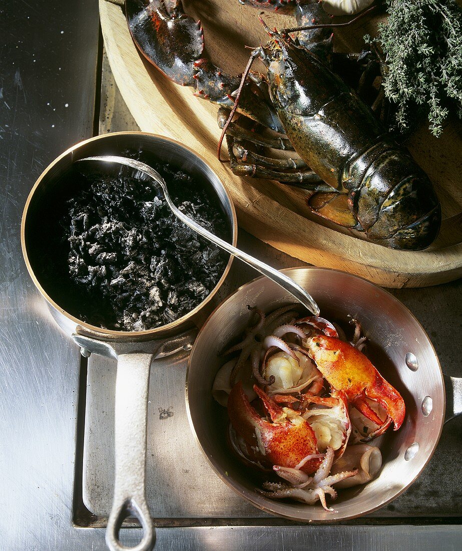 Lobster, black rice, lobster claws, squid