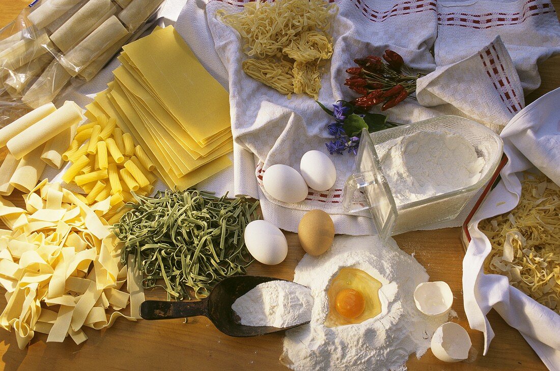 Still life with pasta and pasta dough ingredients