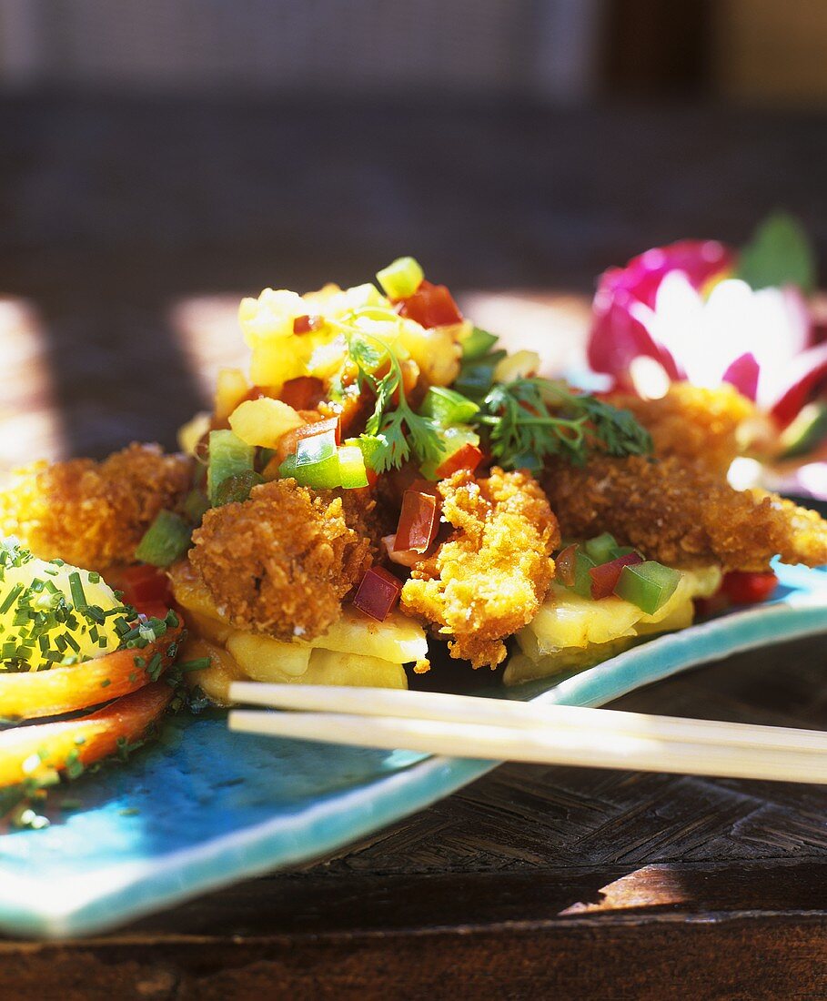 Crispy chicken nuggets on pineapple