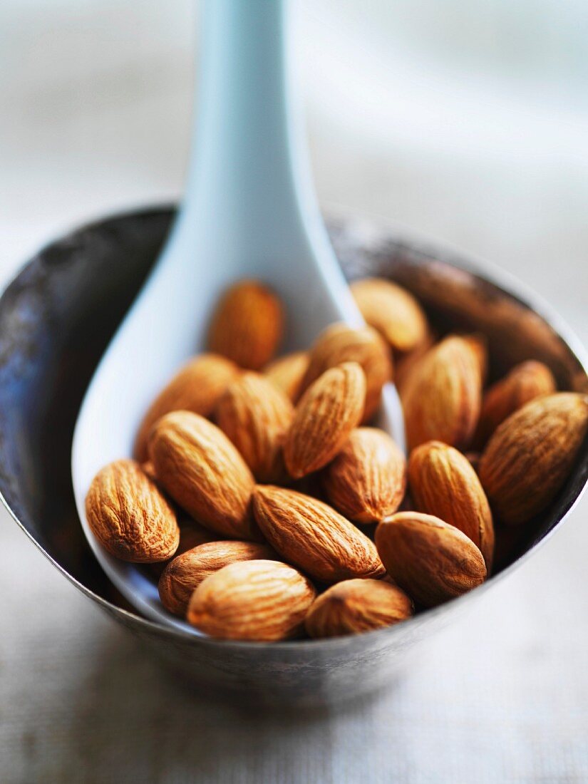 Almonds with spoon in a metal dish