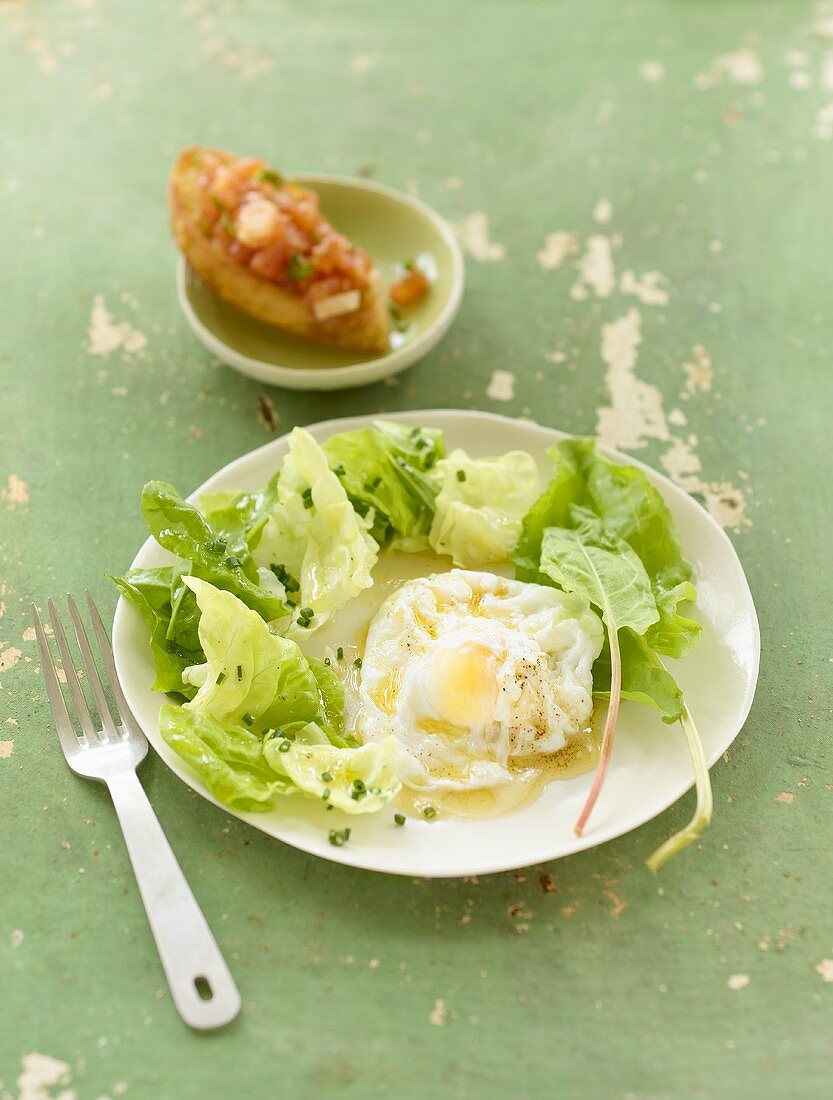 Sauerampfersalat mit verlorenem Ei und Bruschetta