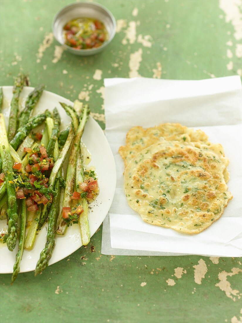 Roasted asparagus with orange vinaigrette & herb pancakes