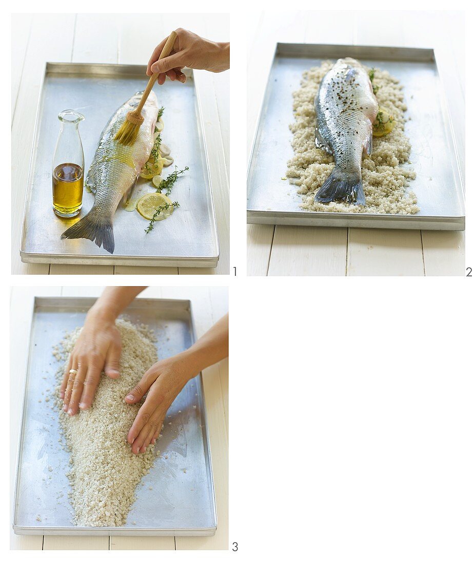 Preparing sea bass in salt crust