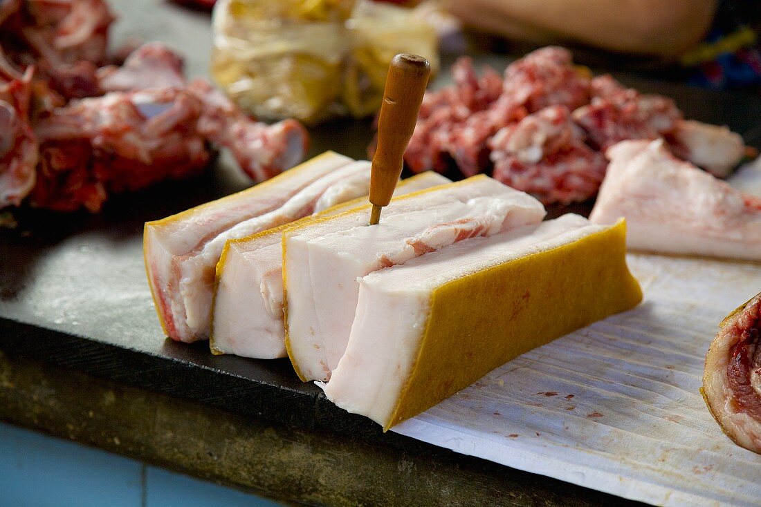 Pork back fat on a market stall in Ukraine