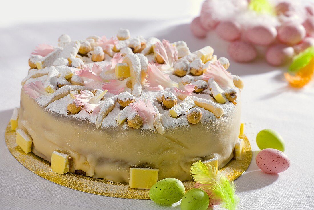 Marzipan-coated Easter cake with sugar eggs