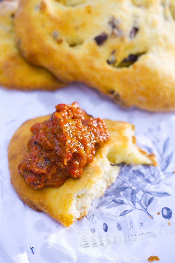 Fougasse with black olives and tomato paste (Provence)