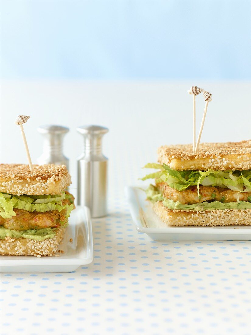 Prawn and avocado sandwiches in sesame toast
