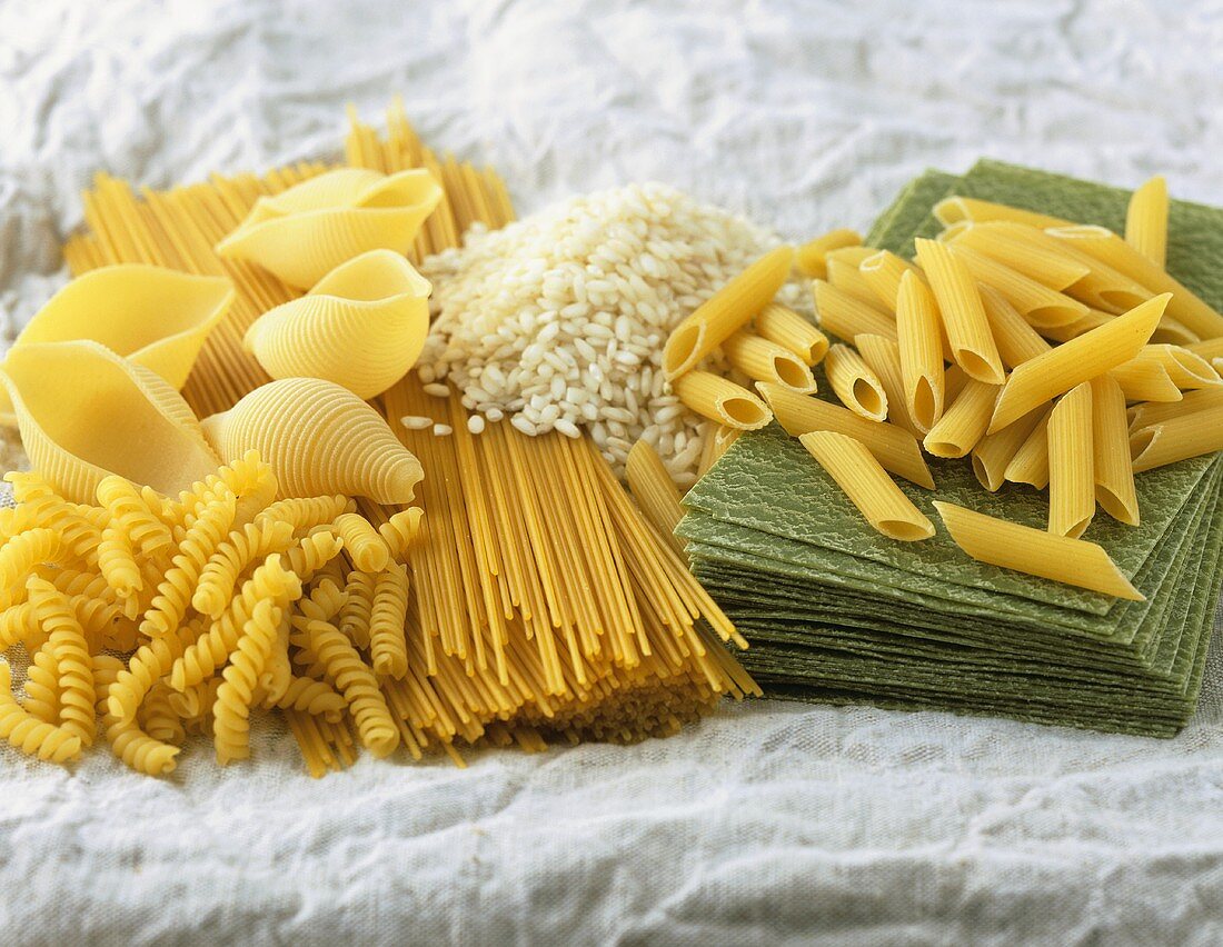 Various types of pasta and risotto rice