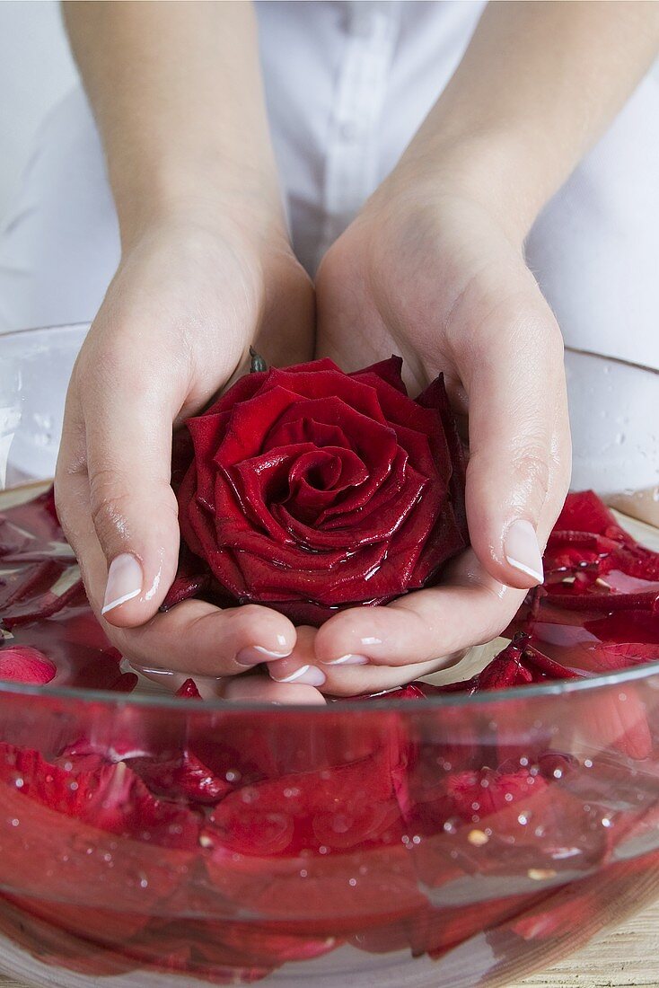 Wohltuendes Handbad mit roten Rosen
