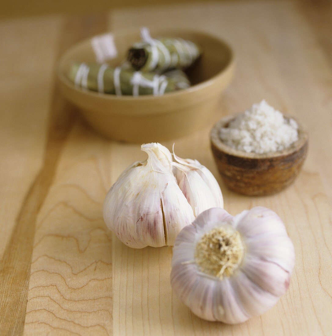 Garlic bulbs and sea salt