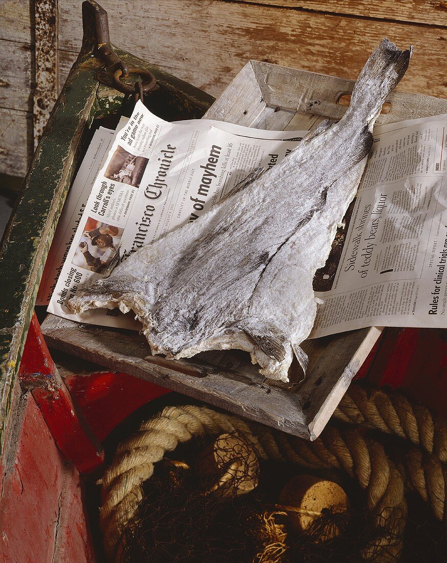Stockfisch in altem Bott auf Tageszeitung (Kalifornien)
