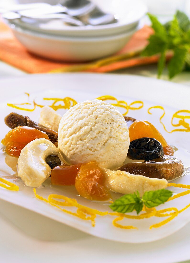 Mixed dried fruit with muscat wine and vanilla ice cream