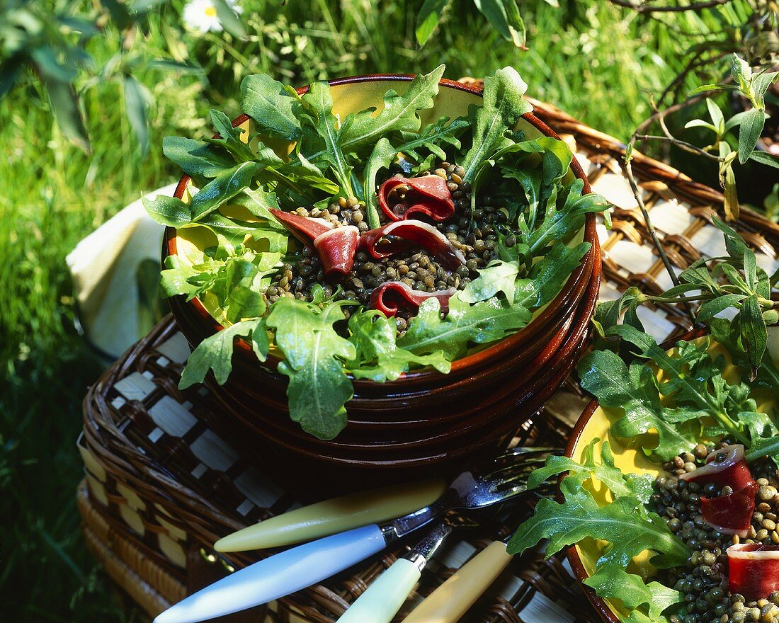 Lentil salad with rocket and smoked duck breast