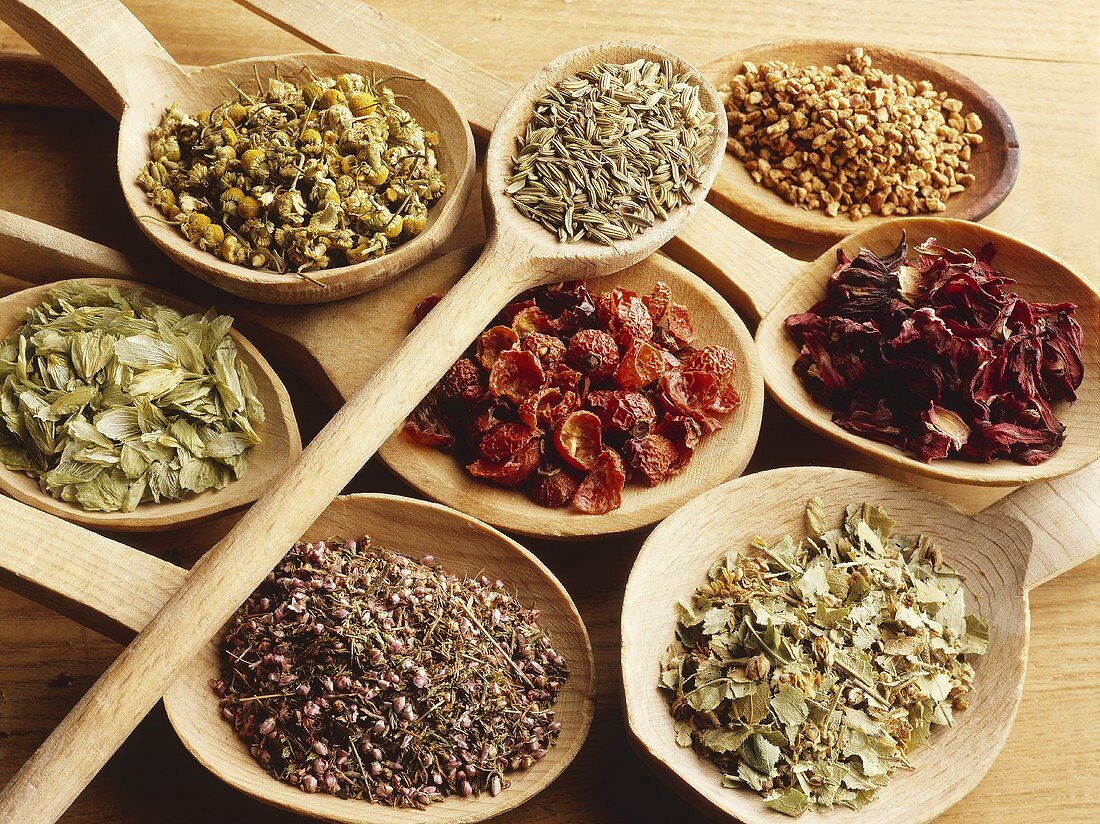 Assorted herbal teas on wooden spoons
