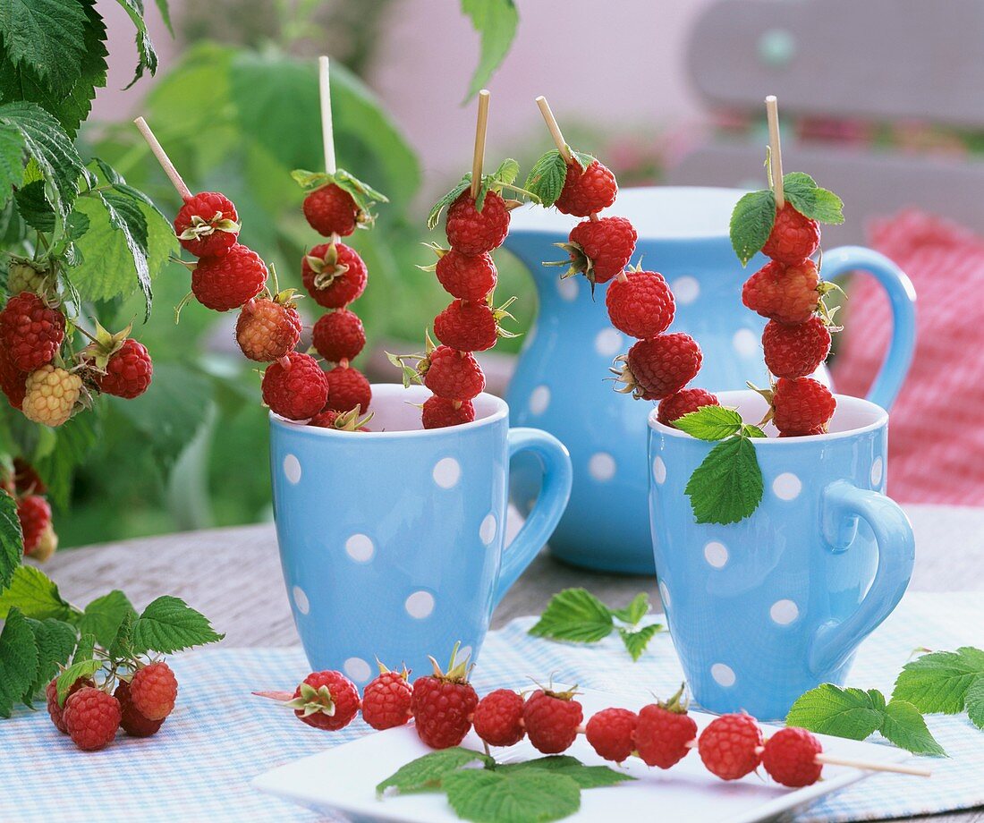 Raspberry skewers in cups