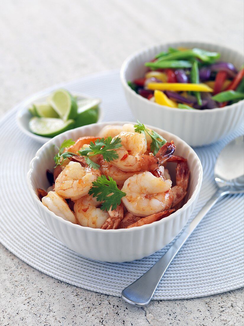 Chilli prawns with lime, coriander and vegetables