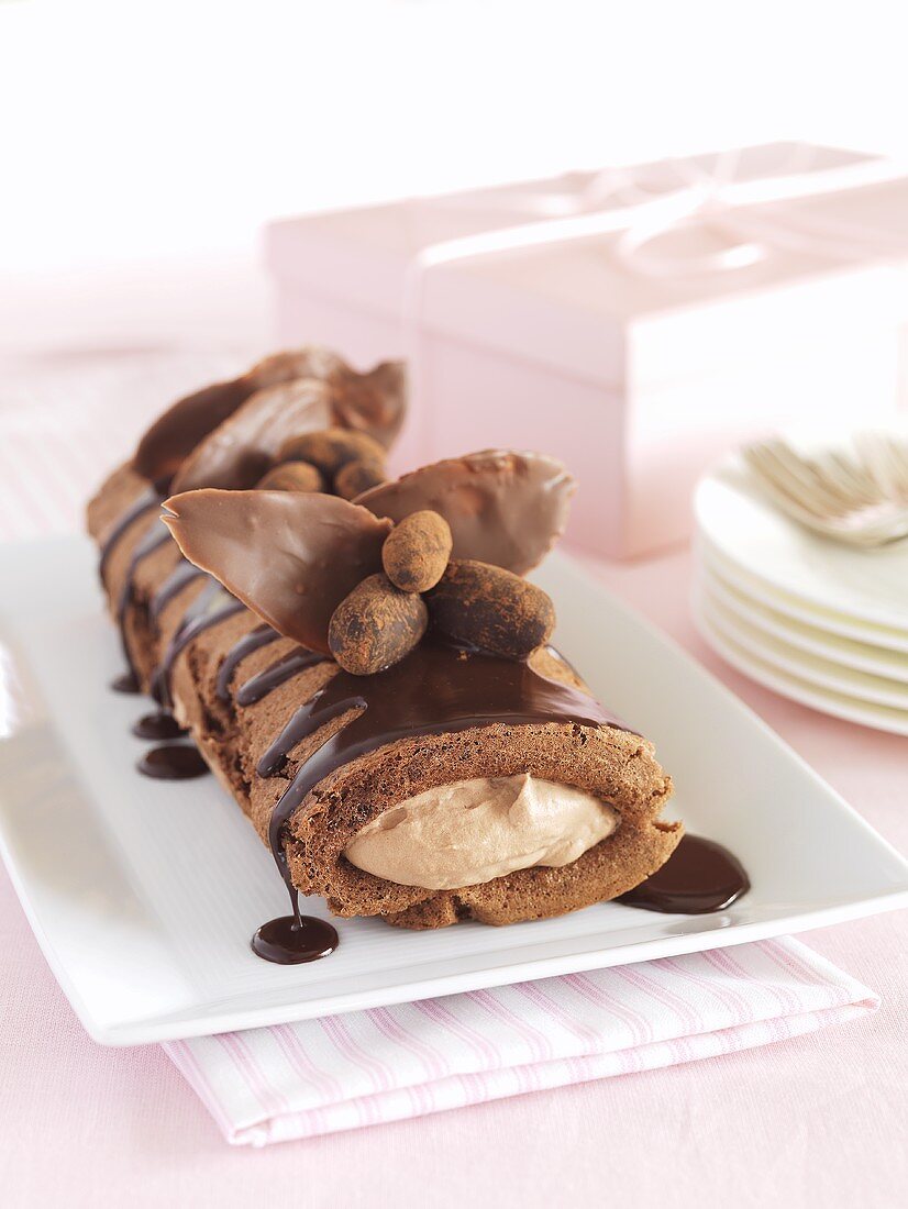 Sponge roll filled with chocolate mousse