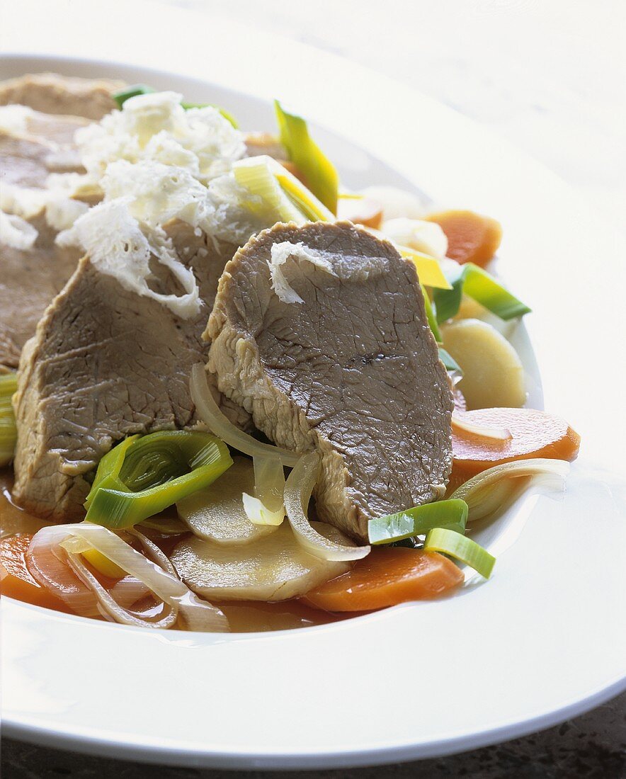 Boiled beef with root vegetables and horseradish