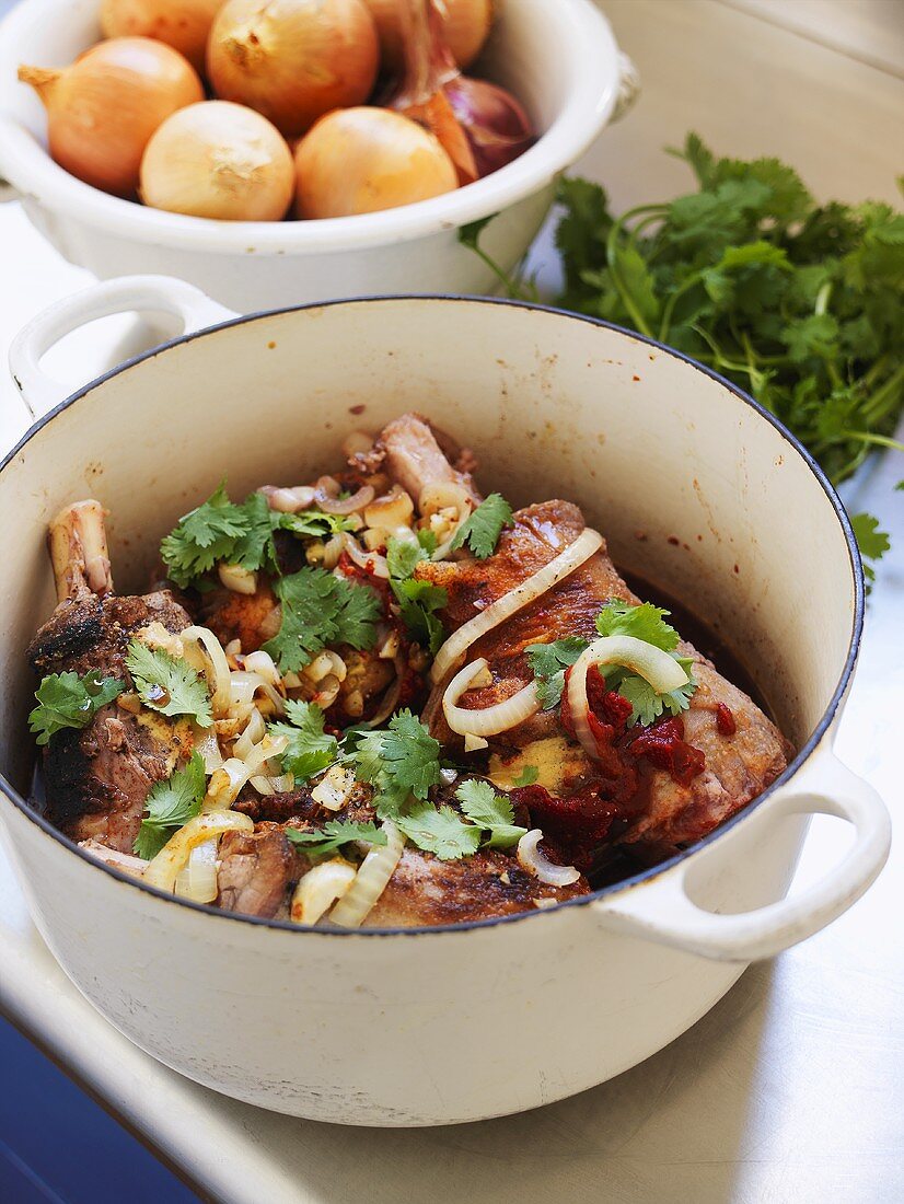 Lamb shanks with coriander and onions in a pot
