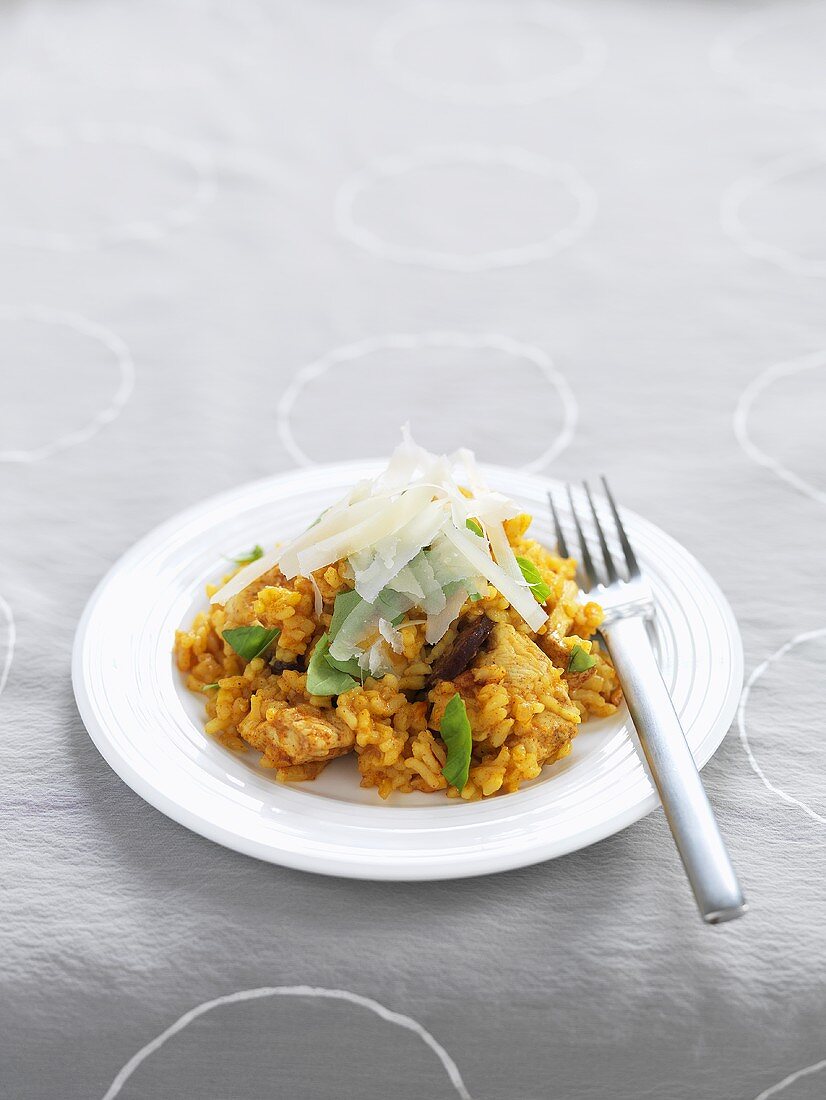 Paella with chicken and chorizo