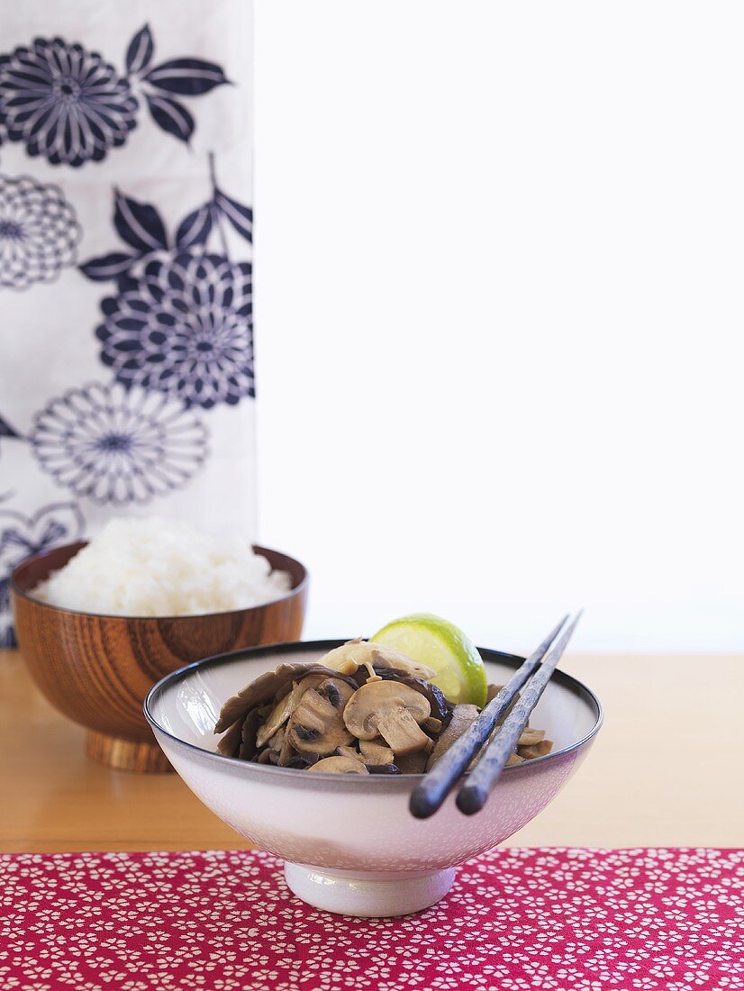 Japanese mushroom dish and bowl of rice