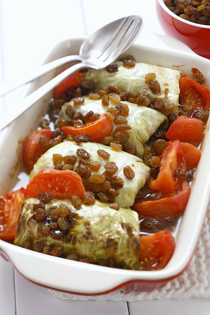 Stuffed cabbage leaves with meat stuffing, raisins & tomatoes