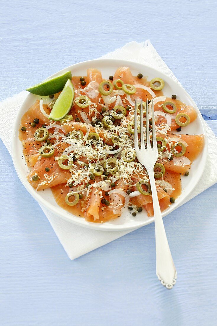 Salmon carpaccio with olives