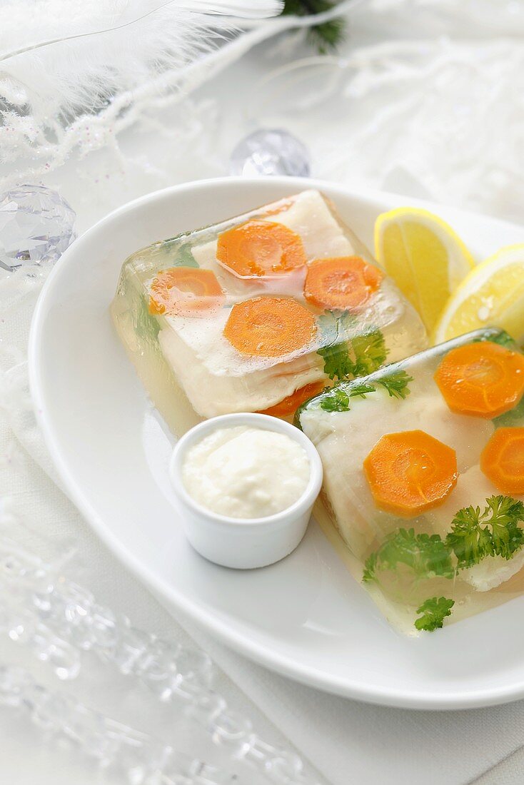 Fish and carrots in aspic with creamed horseradish