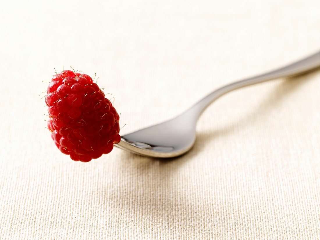 A raspberry on a fork (close-up)