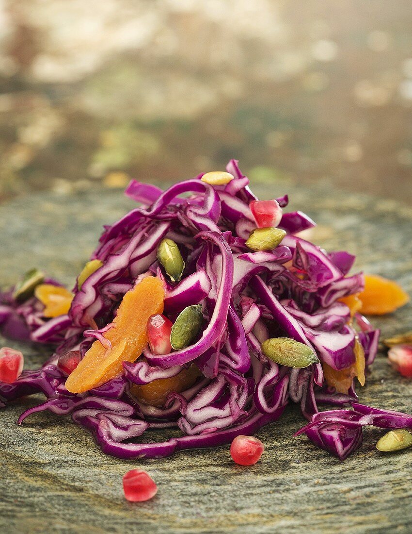 Red cabbage salad with apricots, pomegranate seeds & pistachios