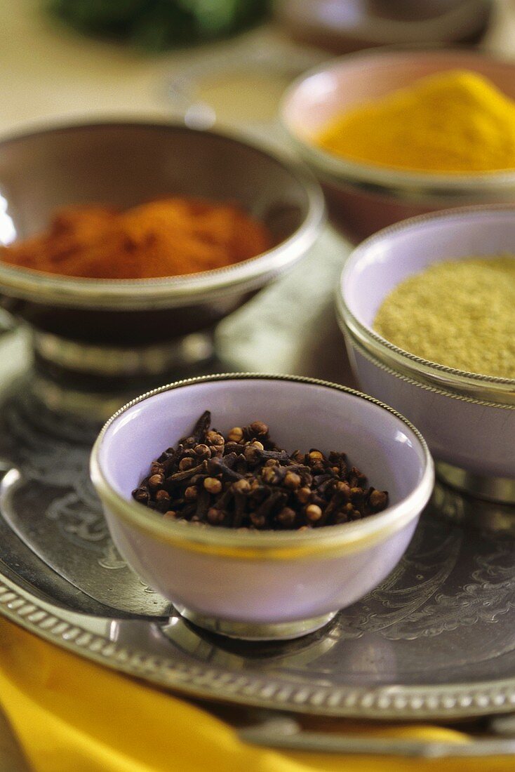 Assorted spices in small bowls