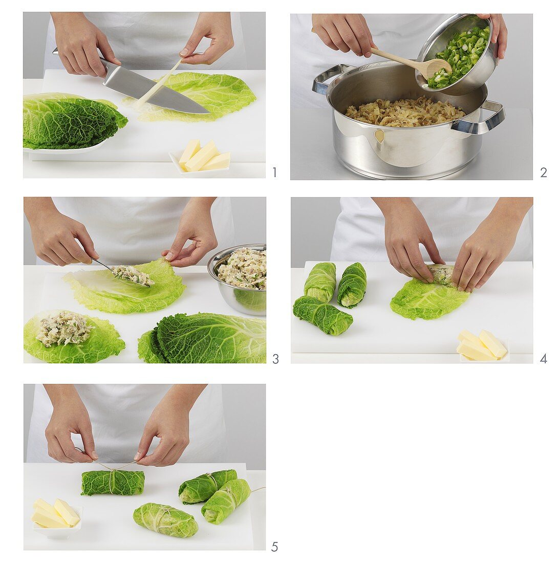 Preparing stuffed savoy cabbage leaves with vegetarian stuffing