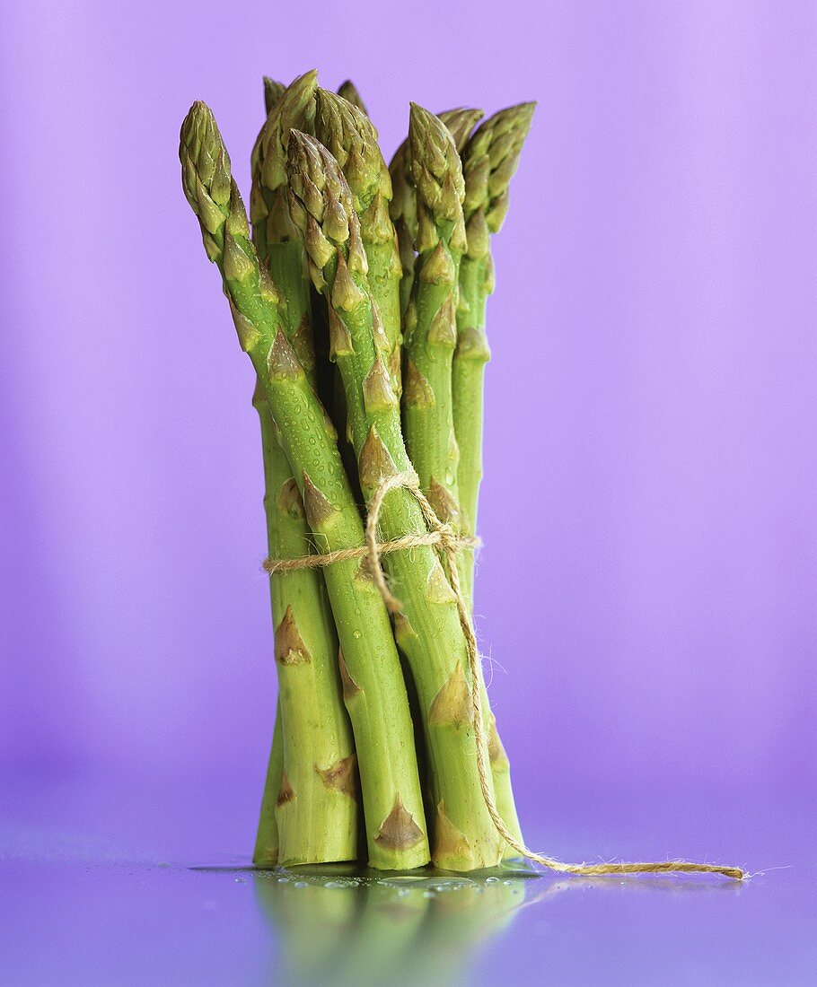 A bundle of green asparagus against a purple background