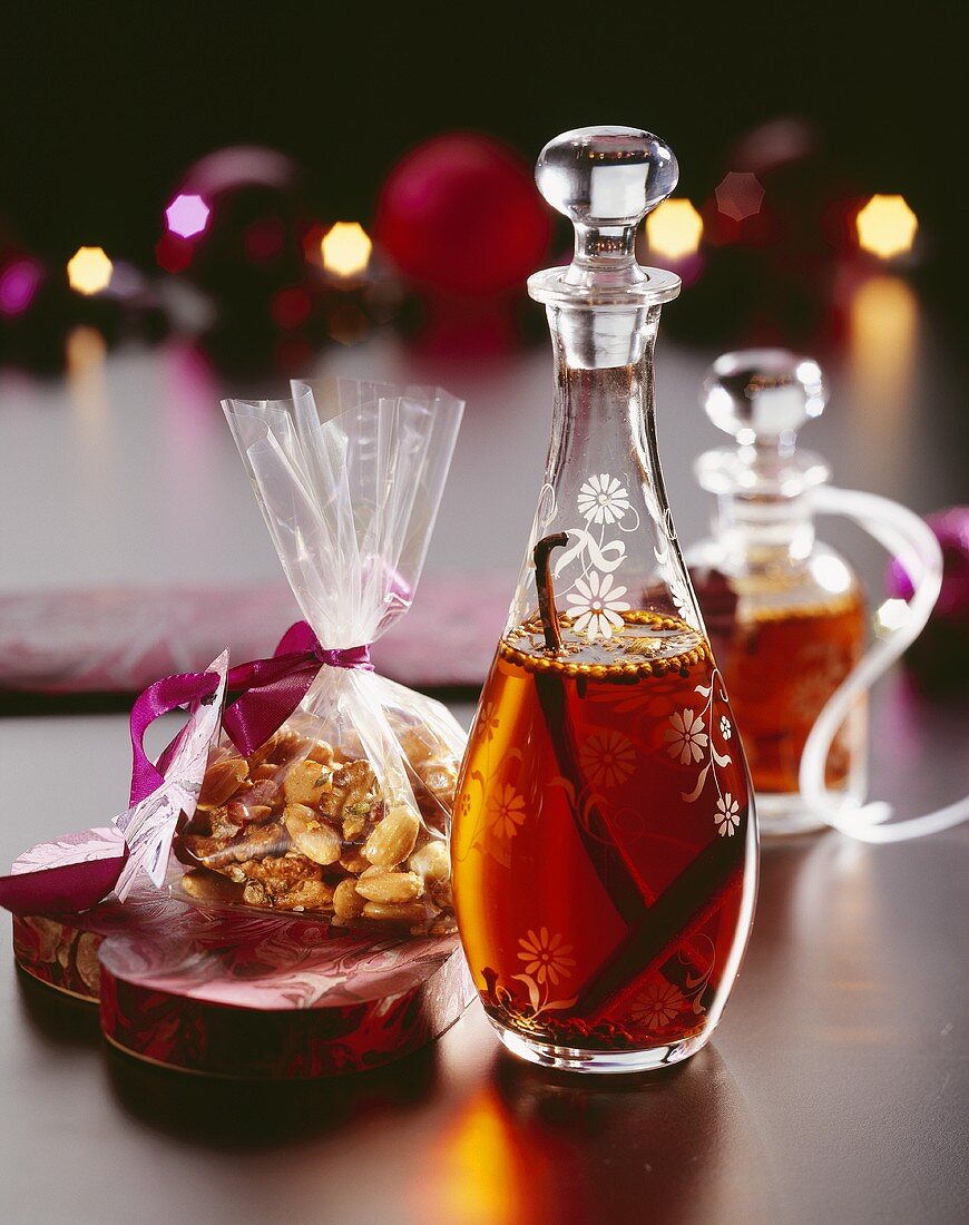 Christmas gifts: spiced liqueur and nuts & raisins