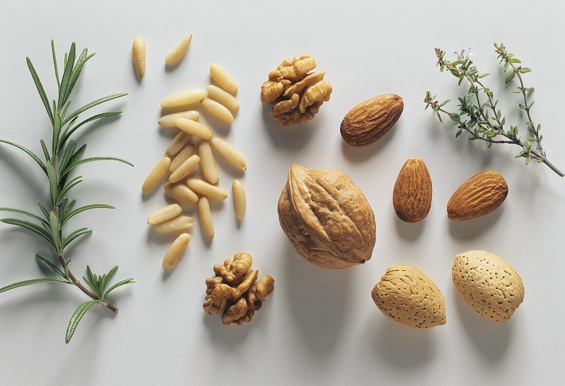 Rosemary, pine nuts, walnuts, almonds and thyme