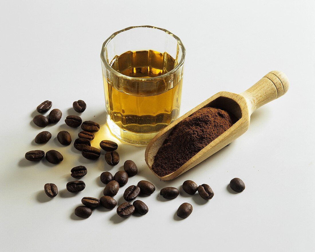 Coffee beans, ground coffee and coffee liqueur
