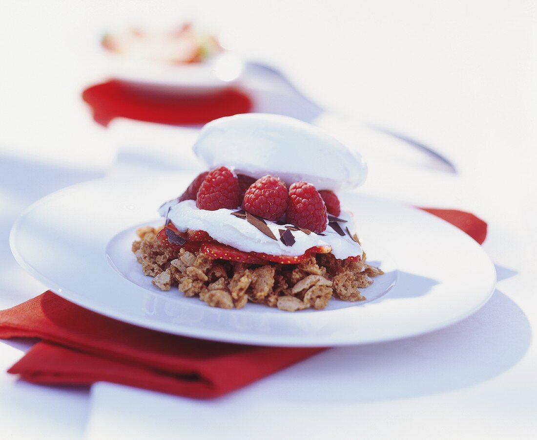 Crispy dessert with raspberries