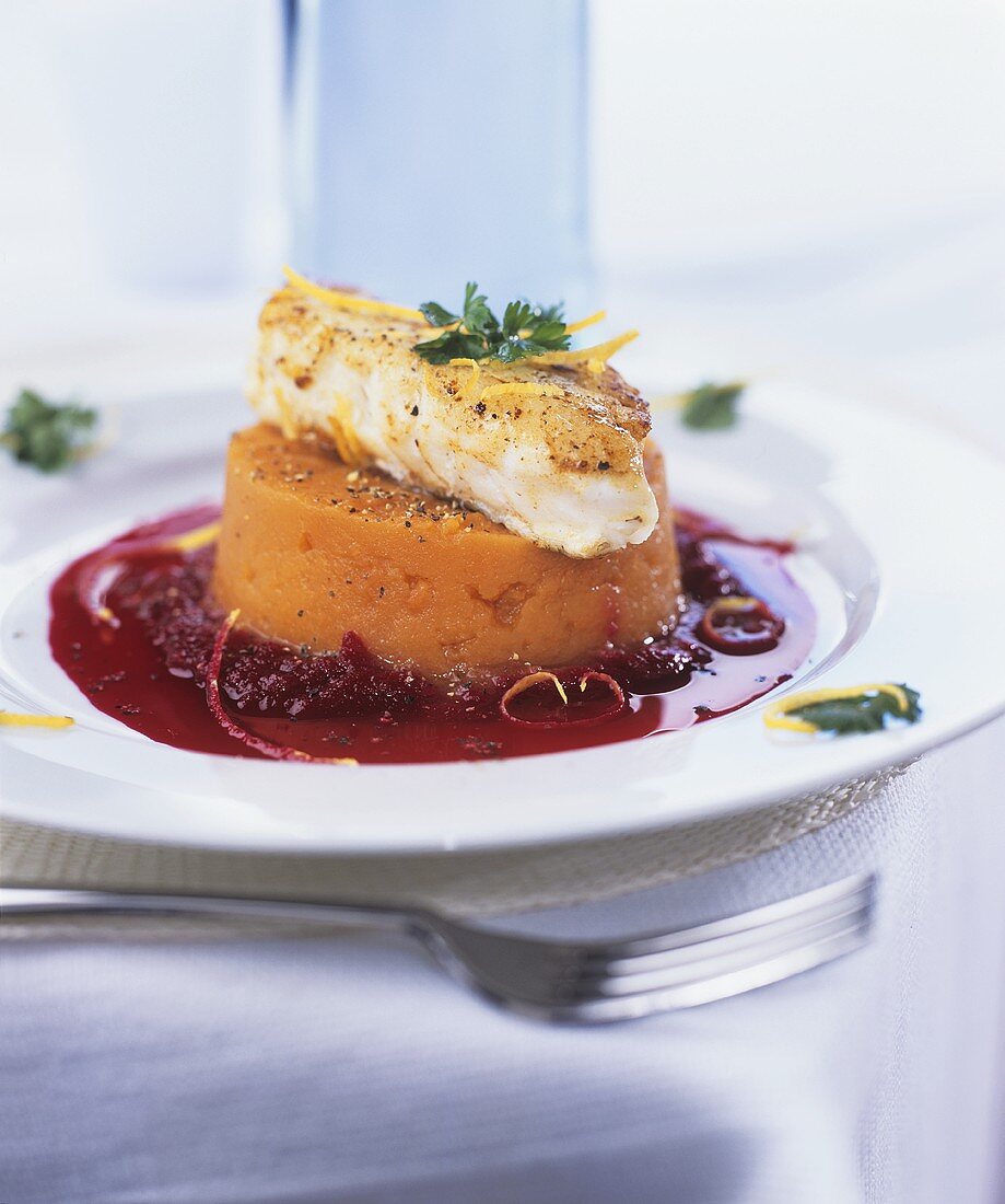 Cod on mashed sweet potato and beetroot sauce
